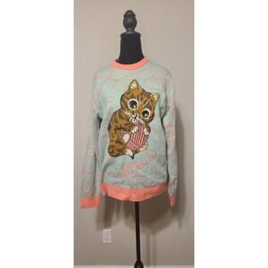 EUC Size XS Adults Good Job Lil Bub Knit Sweater Pink Aqua Cat Yarn